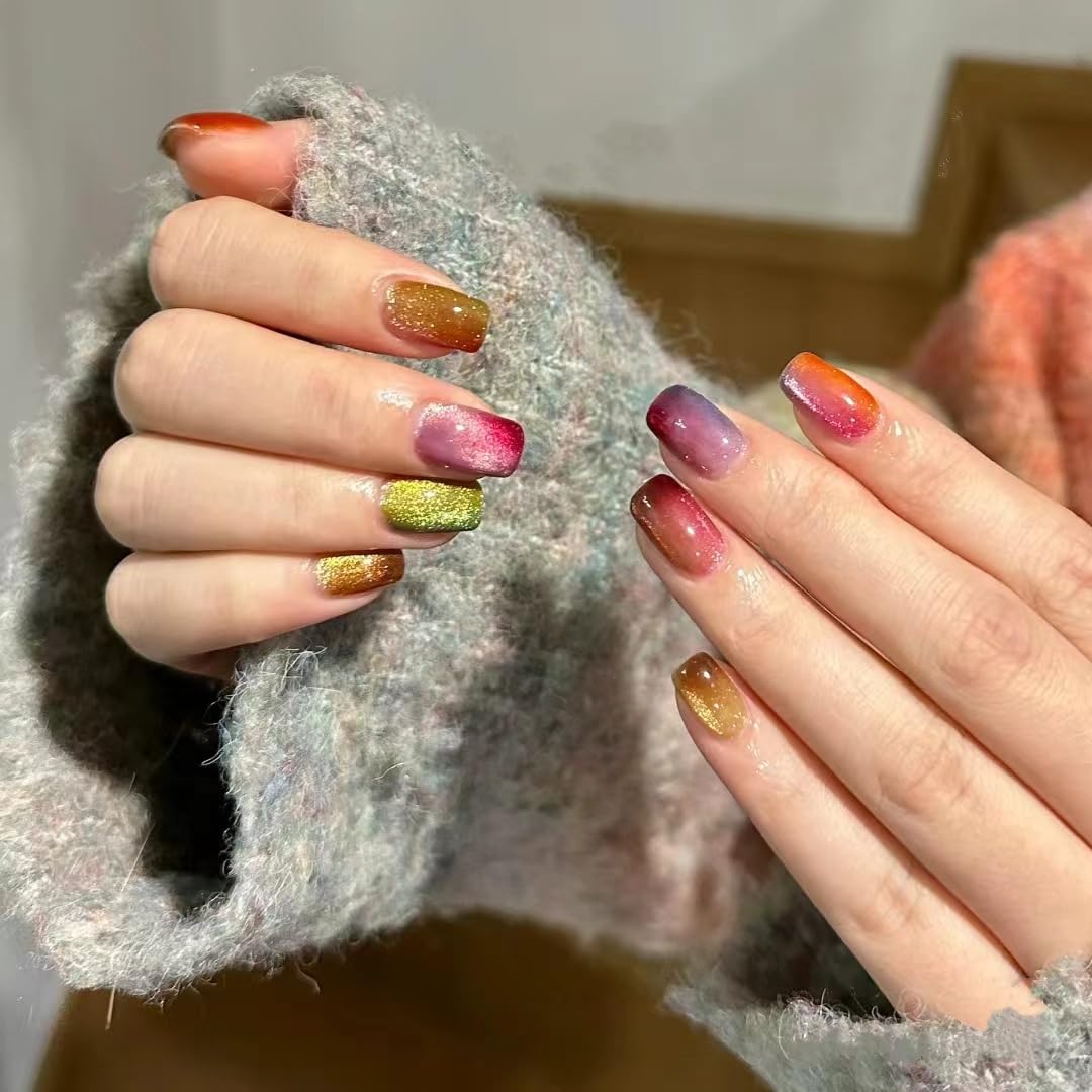 Square Press on Nails Short Colorful Fake Nails Rainbow False Nails for Ca Eye, Ombre Press on Nails with Desins Gradation Glitter Glue on Nails for Women Girl 24Pcs