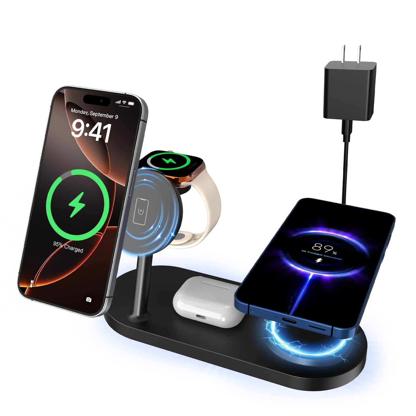 Dual Phone Wireless Charger, 30W Magnetic 4 in 1 Charging Station for Apple Devices, Charging Stand for iPhone 17/16/15/14/13/12 Series, Support for Apple Watch11/10 for AirPods4