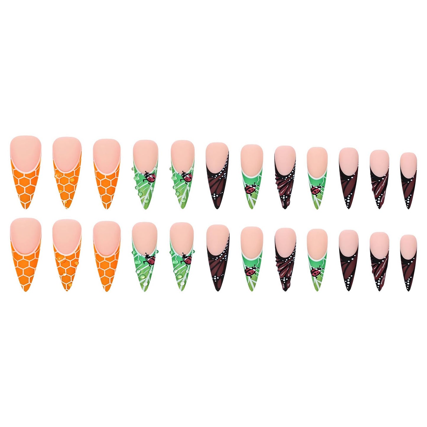 MISUD Press on Nails - Long Stiletto Fake Nails with Matte Orange Green French Tip, Acrylic Butterfly Ladybug Design 24 pcs