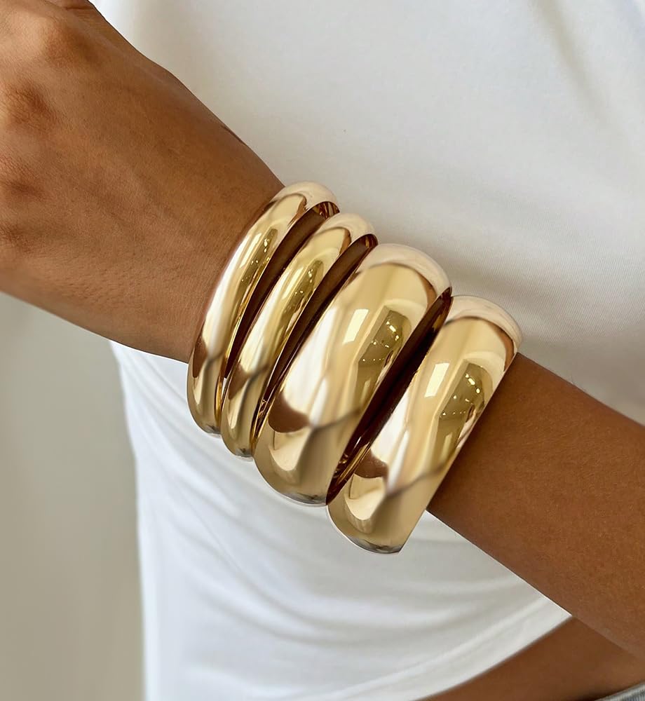 Chunky Gold Bangle Bracelets for Women, Dainty 14k Gold Plated Big Stackable Bangles Set, Trendy Statement Cuff Bracelet Stack Fashion Jewelry Gifts (4 chunky gold bangles)