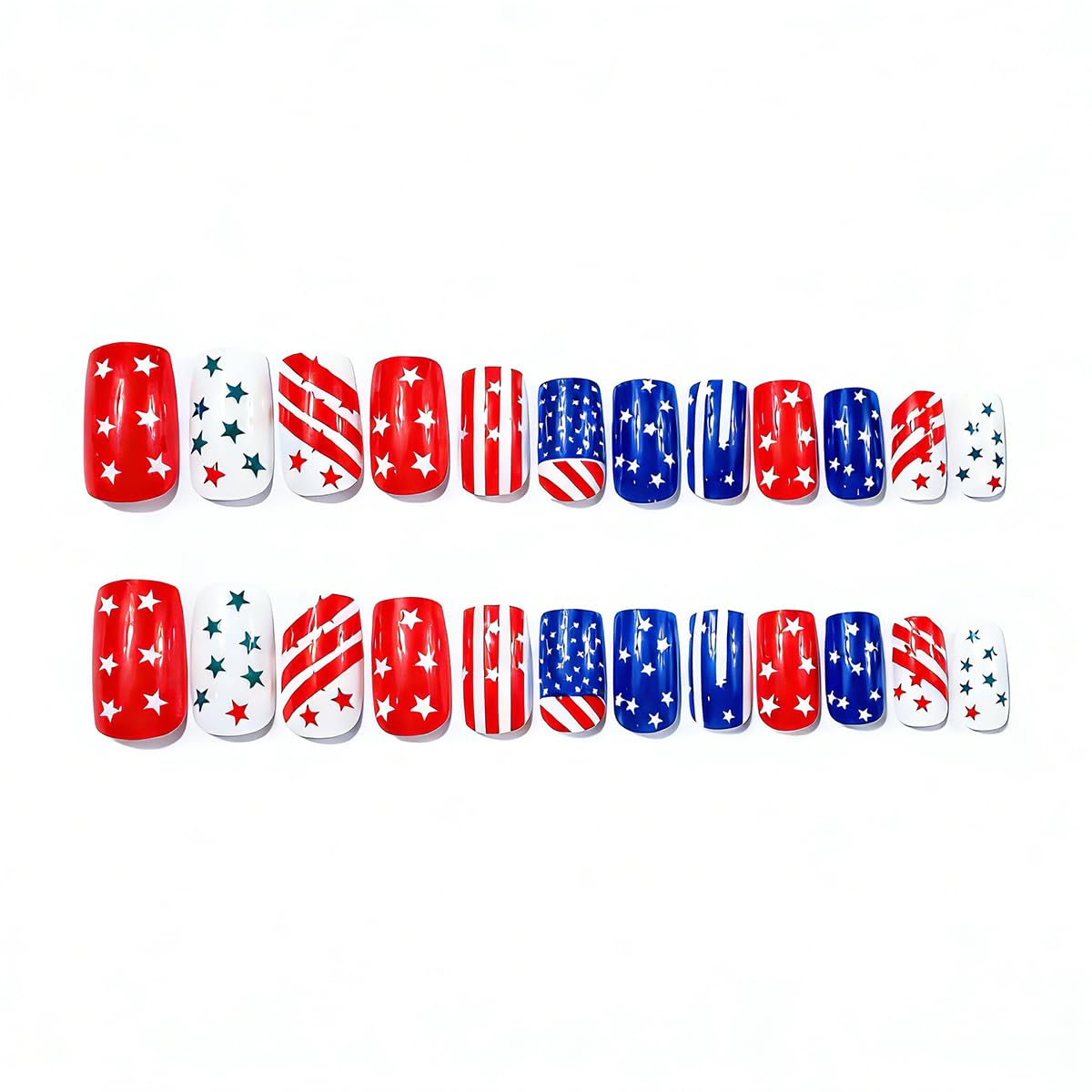 4th of July Press on Nails Red White Blue Fake Nails Medium Square False Nails Press ons with Star and Stripes Designs Patriotic Nail Acrylic Artificial Glue on Nails for Women Manicure 24Pcs