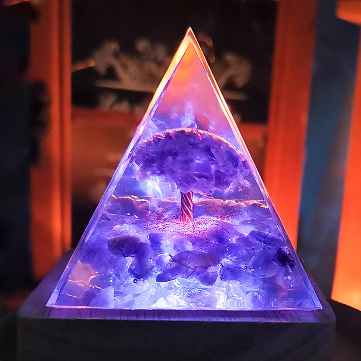 XQIGI Orgonite Amethyst Pyramid with Light Base for Healing Chakra Crystal Meditation Tree Life Stone Charged Energy Generator for Positive Success Growth Powerful Strength Prosperity Wealth (Sun)