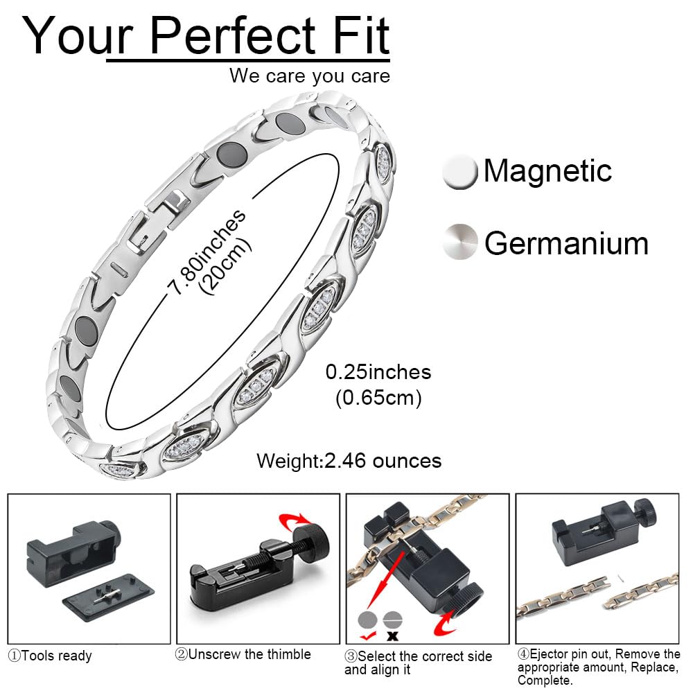 38 Elegant Titanium Magnetic Bracelet for Women Germanium and Magnetic Functions with Free Link Removal Tool Christmas gift (Silver With Zircon)