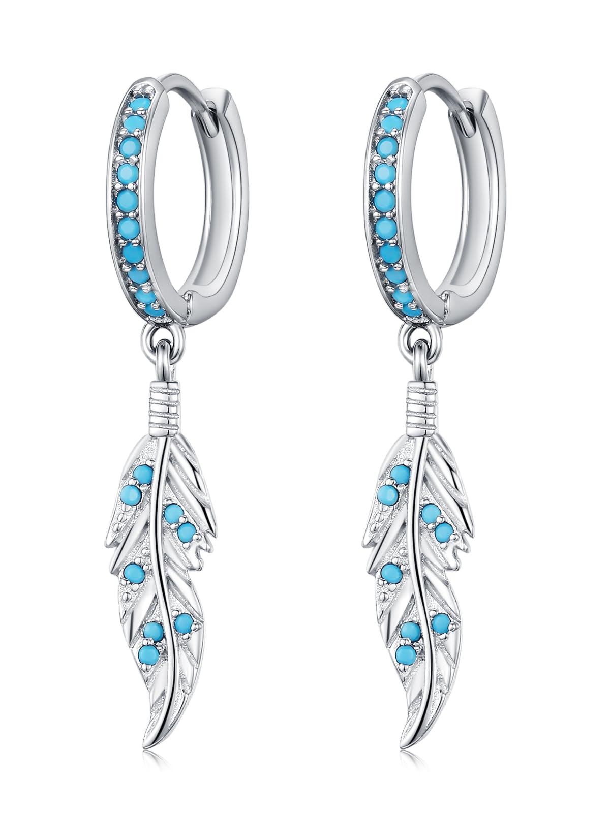 Feather Turquoise Earrings 925 Sterling Silver Bohemian Dangle Earrings Western Jewelry Native American Gifts for Women