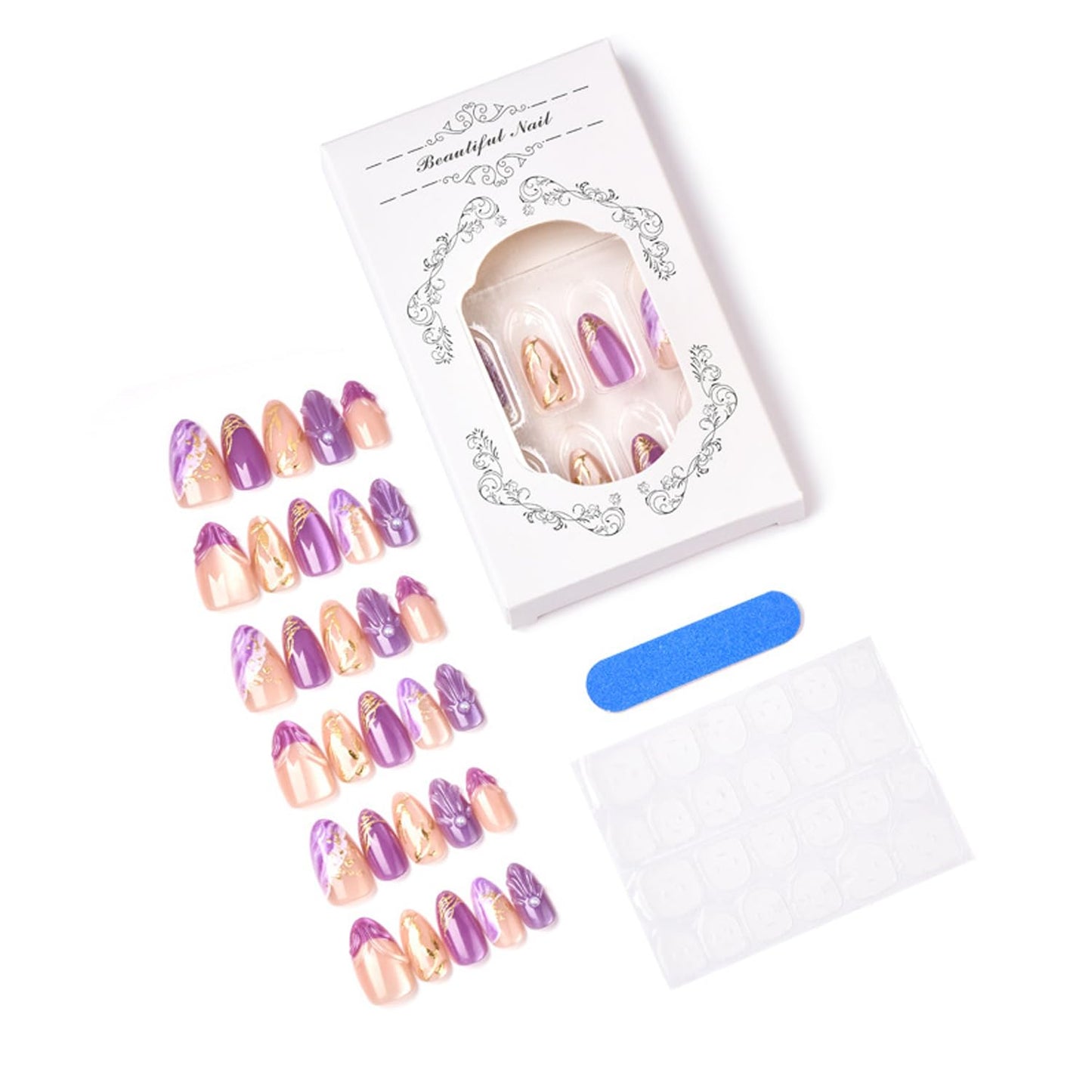 30Pcs Purple French Press on Nails Medium Almond Fake Nails with 3D Pearls Design Chrome Gold False Nails Glitter Full Cover Gold Leaf Gilded Reusable Purple Smudge Artificial Glue on Nails for Women