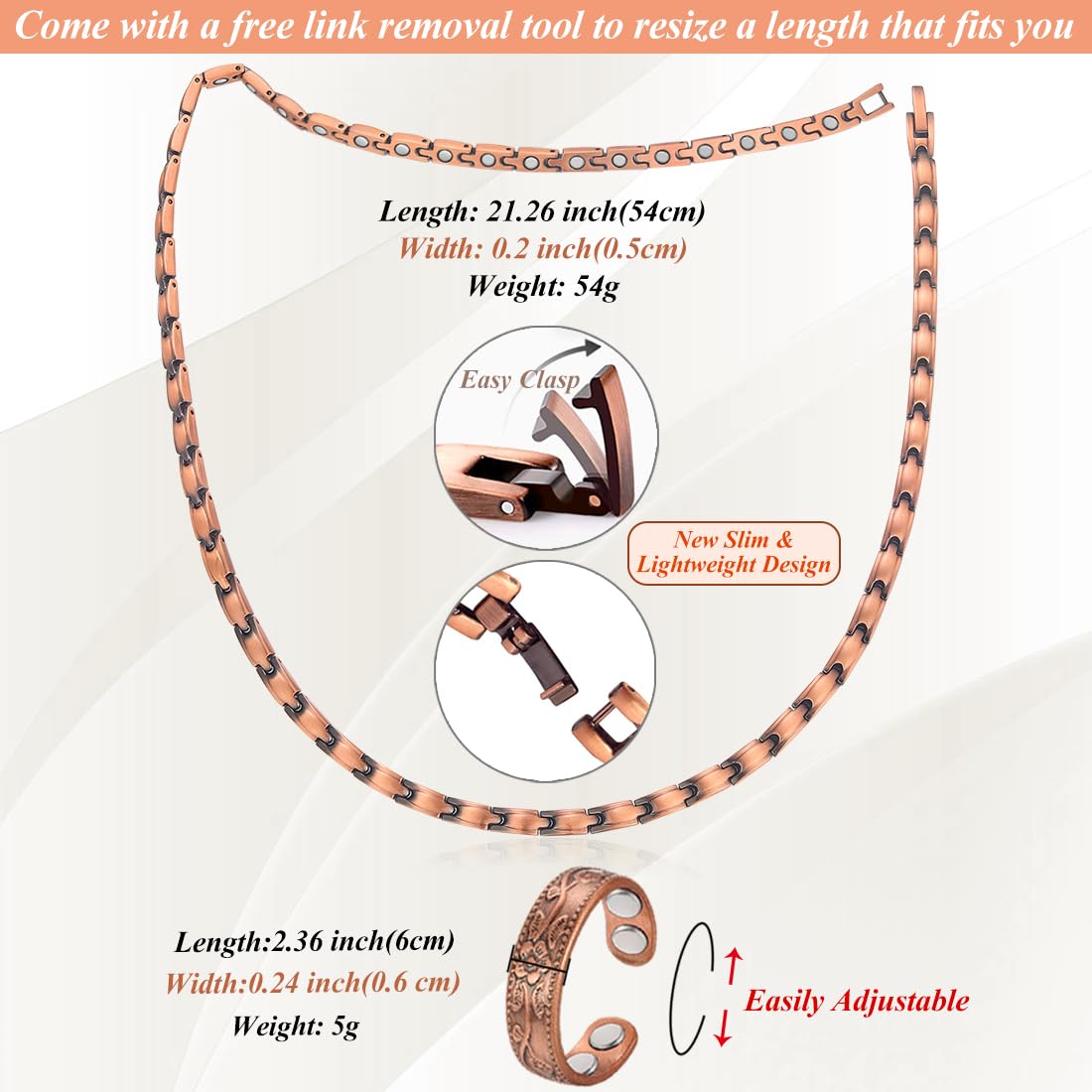 Cigmag Copper Necklace for Women, with 99% Solid Pure Ring Ultra Strength Magnets, Adjustable New Slim and Lightweight