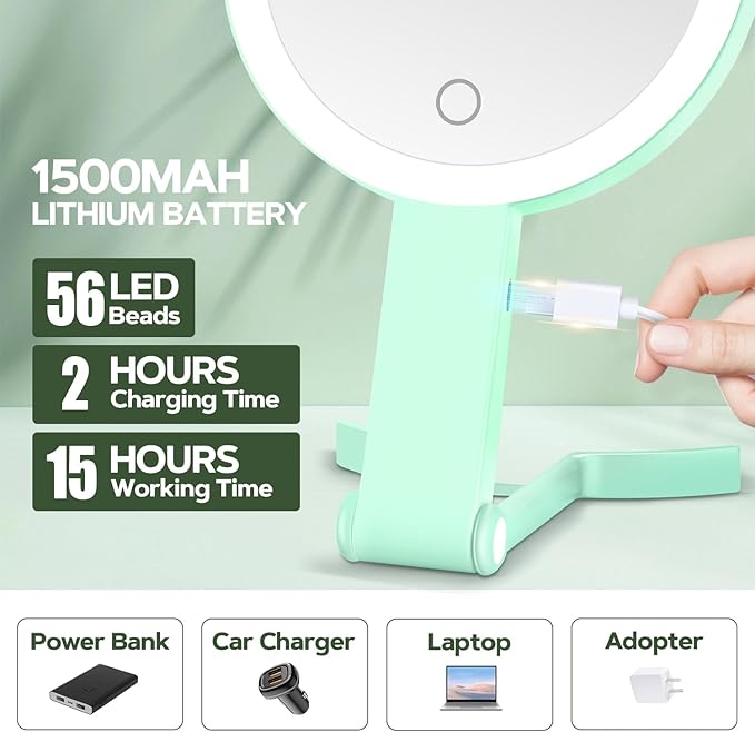 Lighted Makeup Mirror, 30X Magnifying Mirror with Light, Hanging and Handheld Mirror with Handle, Green