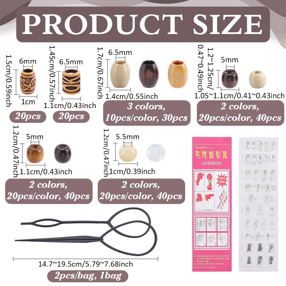 PH PandaHall 190PCS Wooden Hair Braid Beads 10 Styles Loc Dreadlock Jewelry African Tube Bead Rondelle Beads Large Hole Macrame Bead with Plastic Hair Braiding Tool for Jewelry Making Necklace