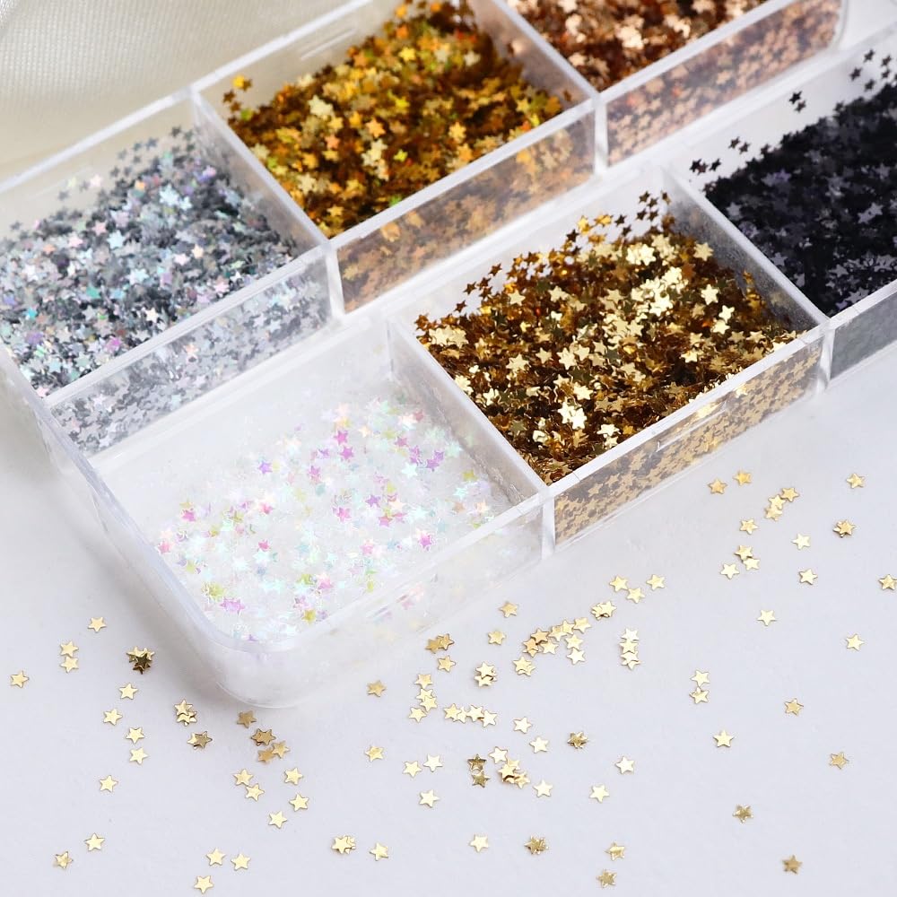 1 Box 6 Color Holographic Tiny Star Nail Glitter Laser Gold Nail Sequins 3D Laser Silver Nail Flakes Sparkly Glitter Flakes Shiny Nail Glitter Champagne Nail Sequins Glitter for Nails Art 6 Grids