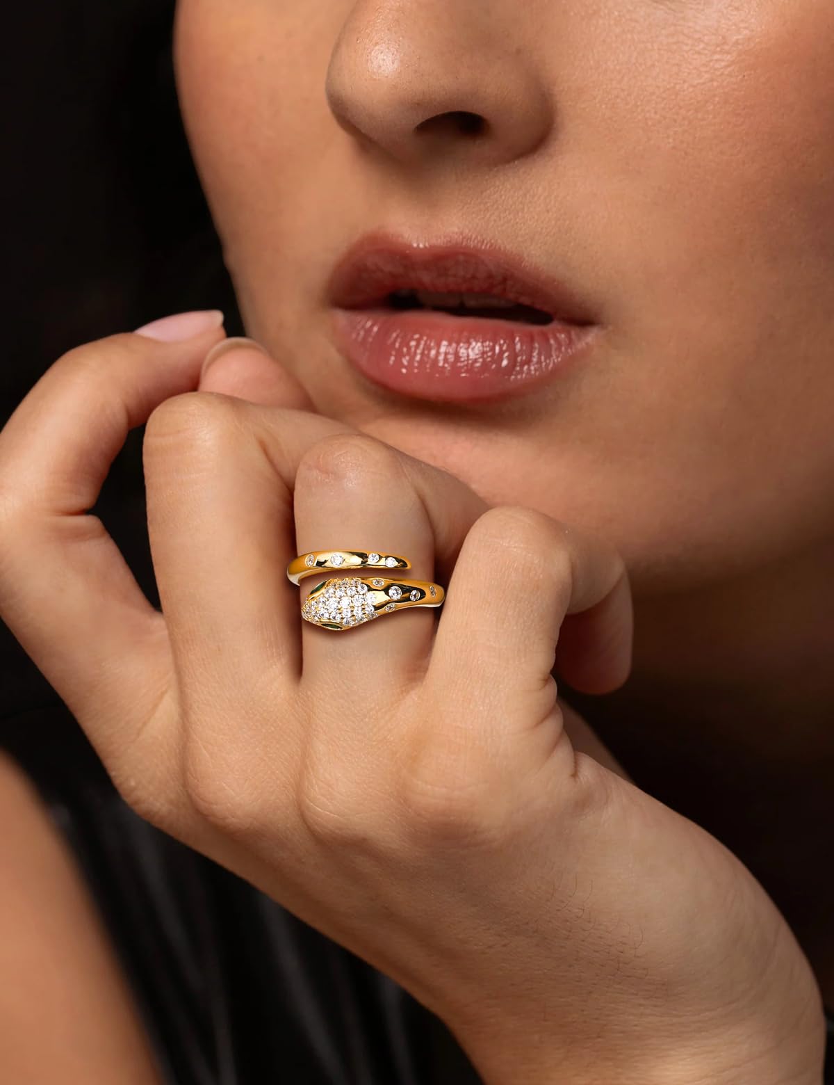 RANDES 14K Gold Plated Snake Ring 925 Sterling Silver Created Emerald Diamond Statement Cocktail Rings for Women Open Gothic Ring Size 7