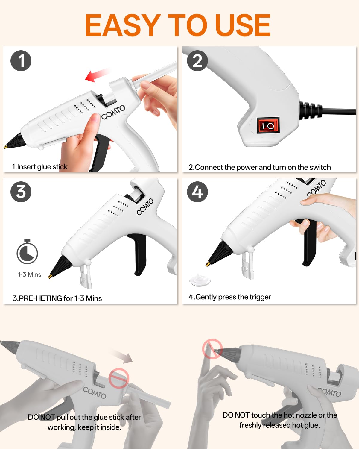 COMTO Full Size Hot Glue Gun with 10 Sticks, Heavy Duty Glue Gun with 80W Super Power, Anti-scald Nozzle and Easy Squeeze Trigger, Perfect for Crafting, DIY and Repairs - White