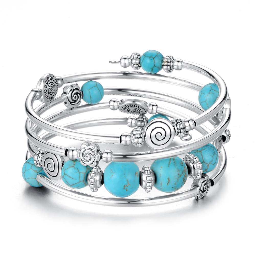 BULINLIN Bead Wrap Bangle Pearl Bracelet - Silver Metal Bracelet Gifts For Women(02-Turquoise)