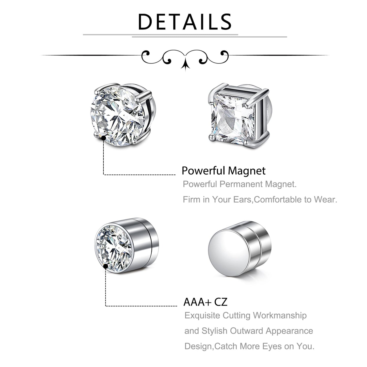 D.Bella Stud Earrings Fake Cubic Zirconia Diamond Earrings for Women Men Silver