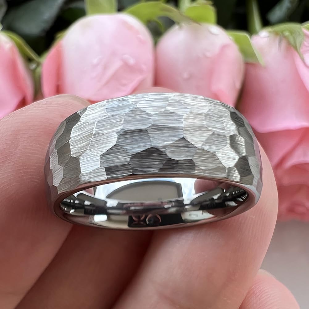 TUTISS 8mm Hammered Tungsten Carbide Rings for Men Women Engagement Wedding Bands Domed I Love You Engraved Comfort Fit Size 9.5