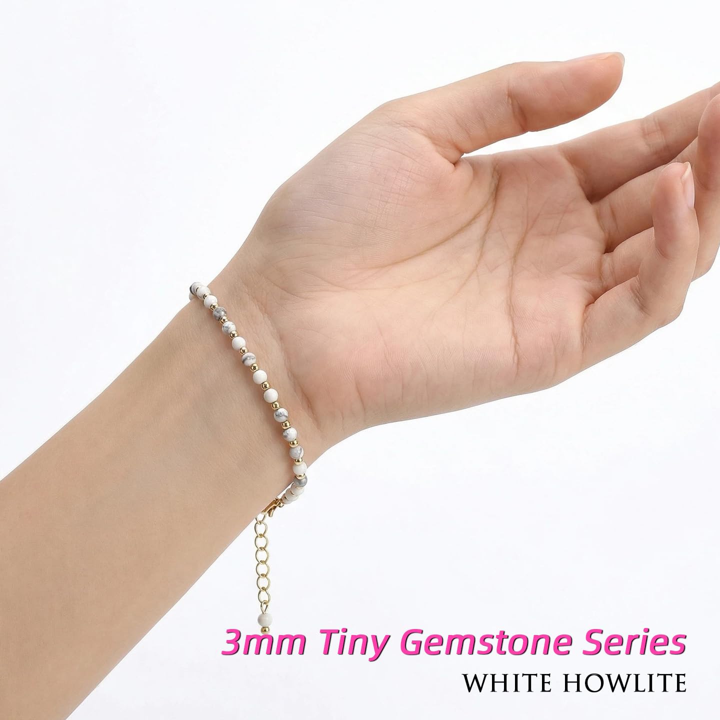 Morchic 3mm White Howlite Tiny Beads Bracelet for Women, Adjustable 7.1" Dainty Handmade Energy Gem Jewelry, Birthday Gift