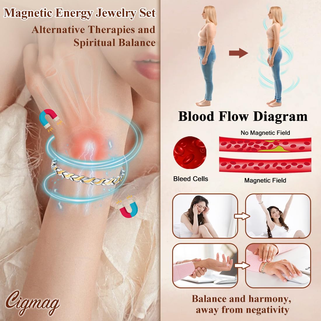 Cigmag Magnetic Bracelets for Women, Titanium Steel Premium Ultra Strength Magnets,Waterproof and Adjustable