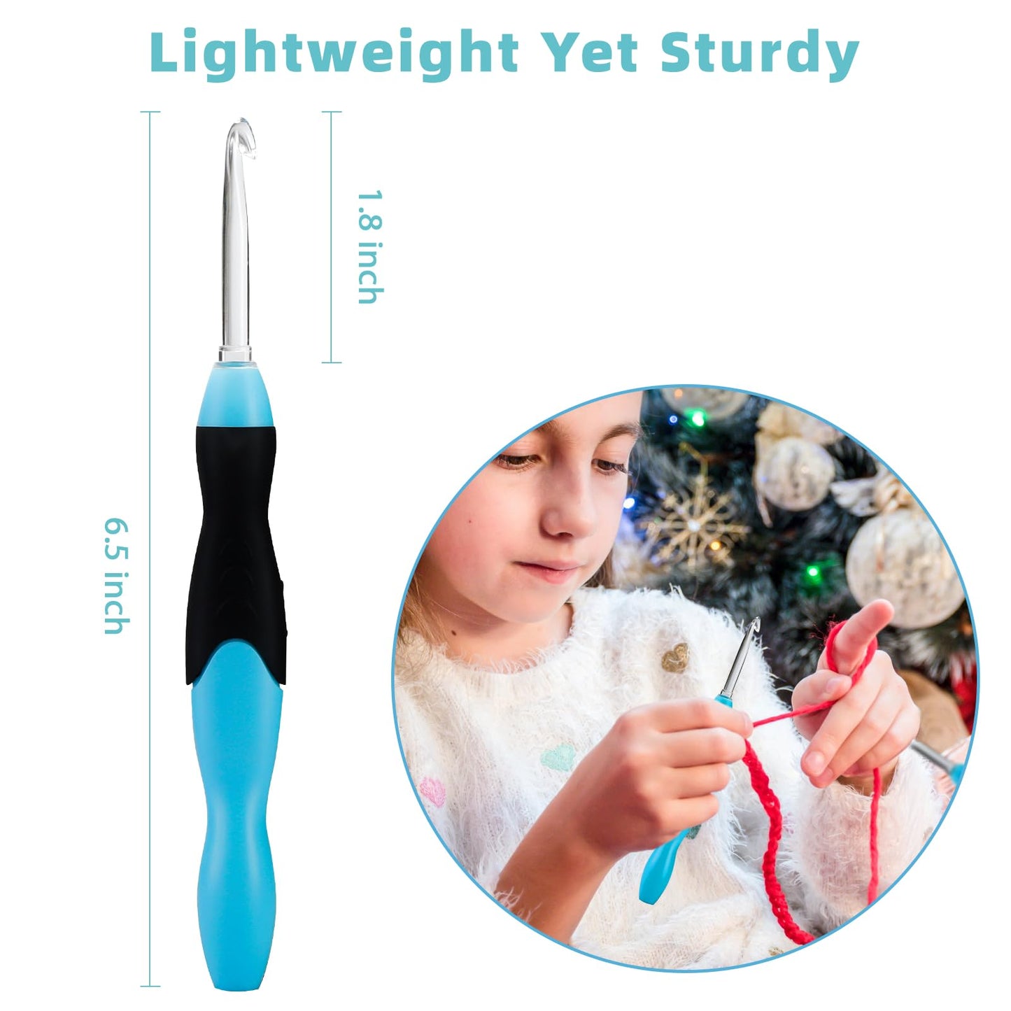 Votris Light Up Crochet Hook Set - 11 in 1 Lighted Crochet Hook Set for Beginners, Ergonomic Soft Grip, Rechargeable Light, Interchangeable Heads - Ideal Crochet Hooks Kit, Gift