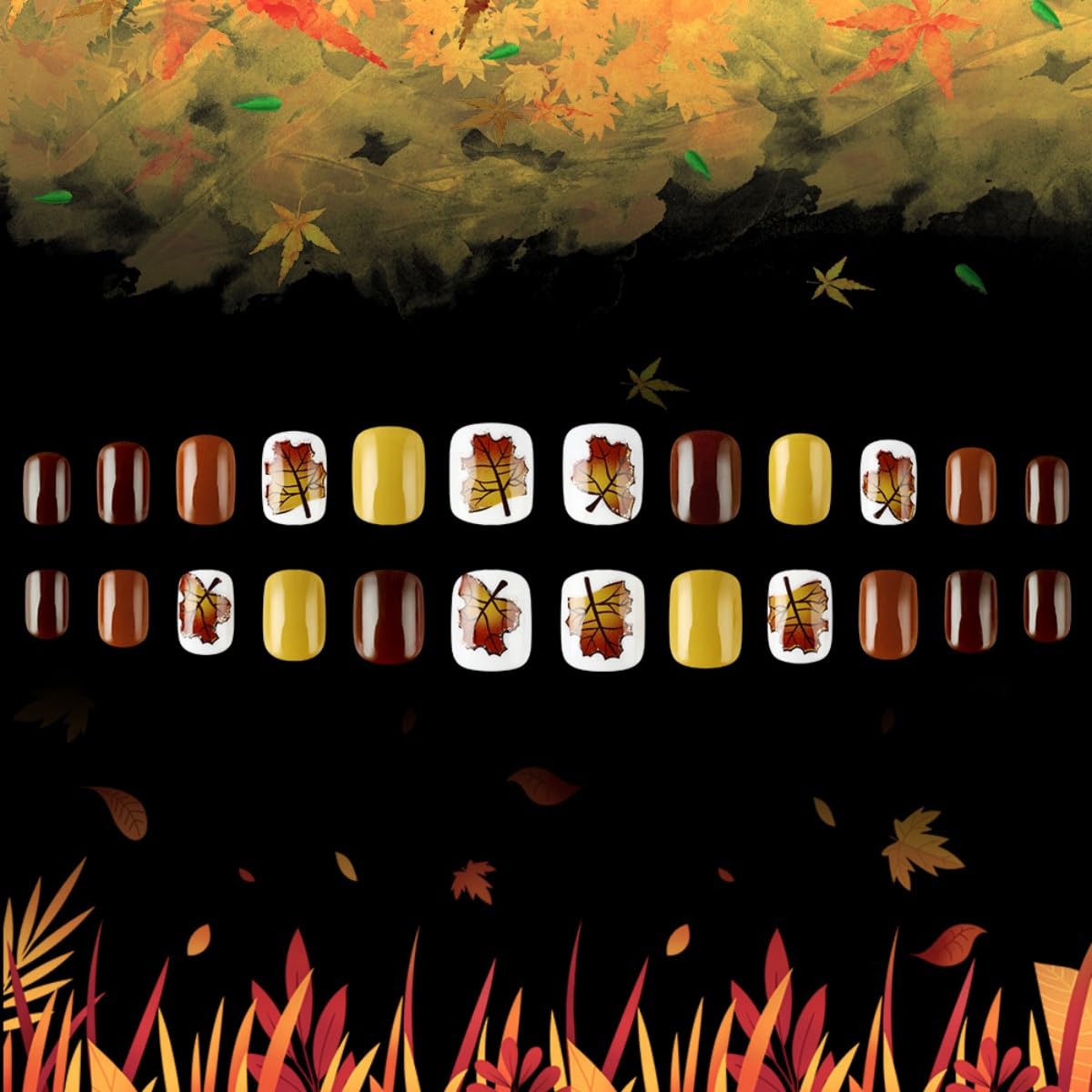 24Pcs Thanksgving Press on Nails Short Square Fake with Nails Maple Leaves Design Stick on Nails Cute Fall False Nails Glossy Artificial Full Cover Acrylic Glue On Nail for Women Girl Manicure