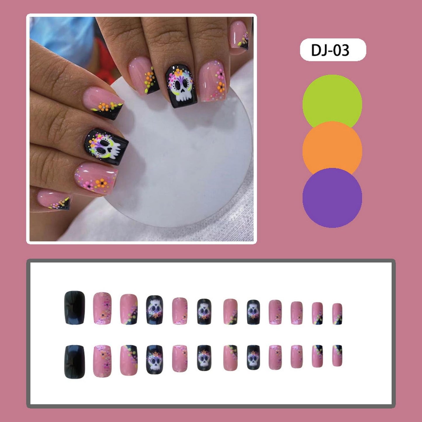 Halloween Press on Nails Short Square Fake Nails with Cute Skull Designs Pink and Black Acrylic False Nails Halloween Nails Full Cover Stick on Nails for Women24pcs