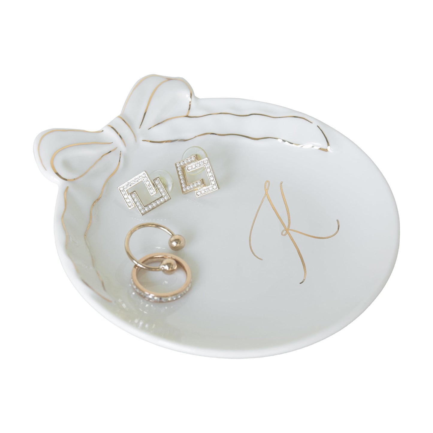 COLLECTIVE HOME Custom Initial Ceramic Jewelry Tray with Bow - Ring Holder & Earring Dish | Christmas Gift Idea for Women, Unique Birthday Present for Her (K)