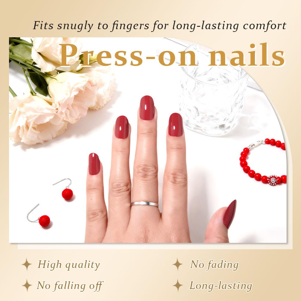 evpct Red Medium Oval Glossy Press on Nails for Women Gift, Glossy Red Fake Nail with Nail Kit Manicure Kits, Soft Gel Full Cover Reusable Stick on Soft Acrylic False Nail Perfectly Fit