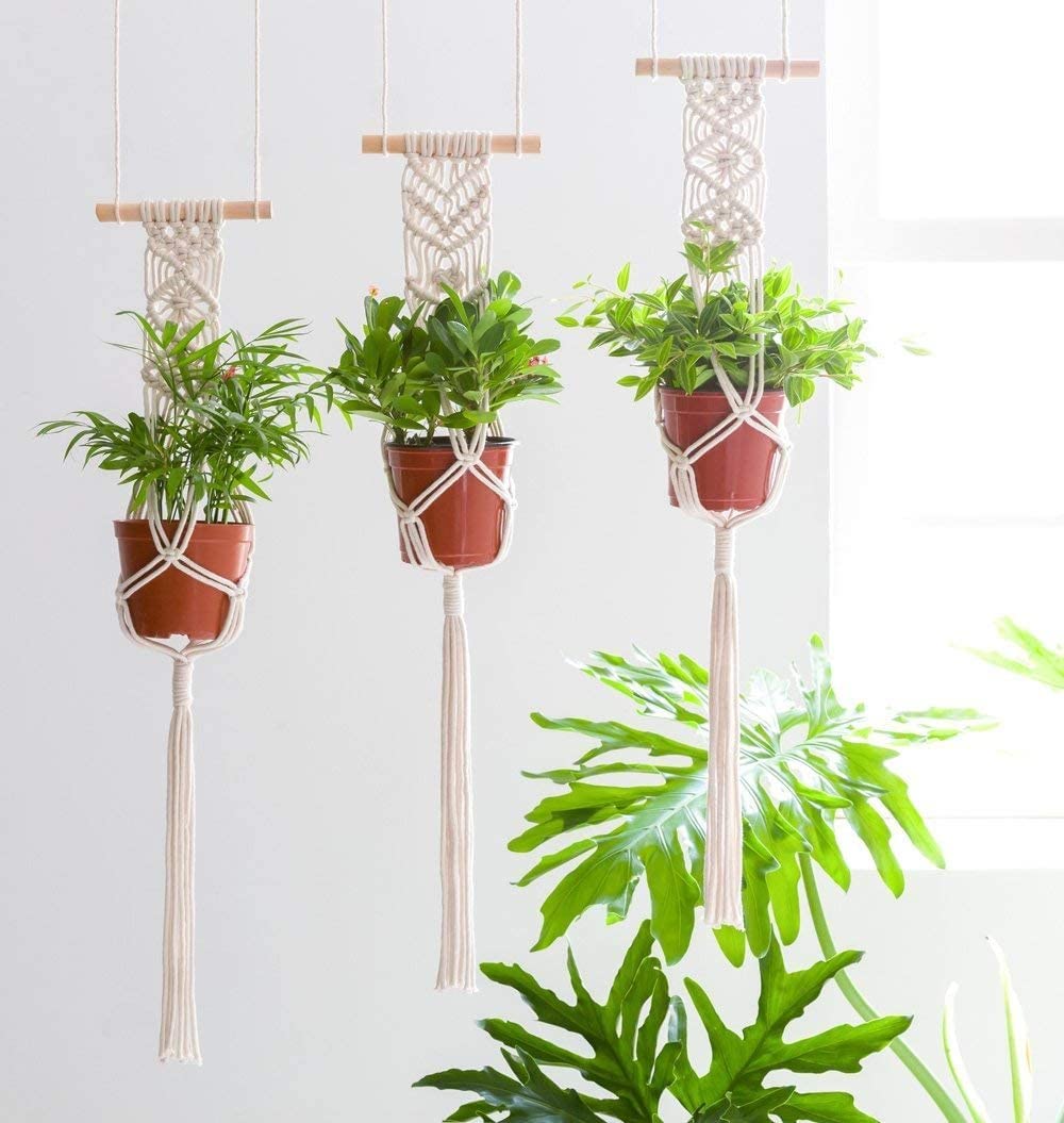 JOIZPAPA Macrame Plant Hanging Planter Hanger with Wood Dowel Cotton Rope Triple Wall Home Decor 33 Inch