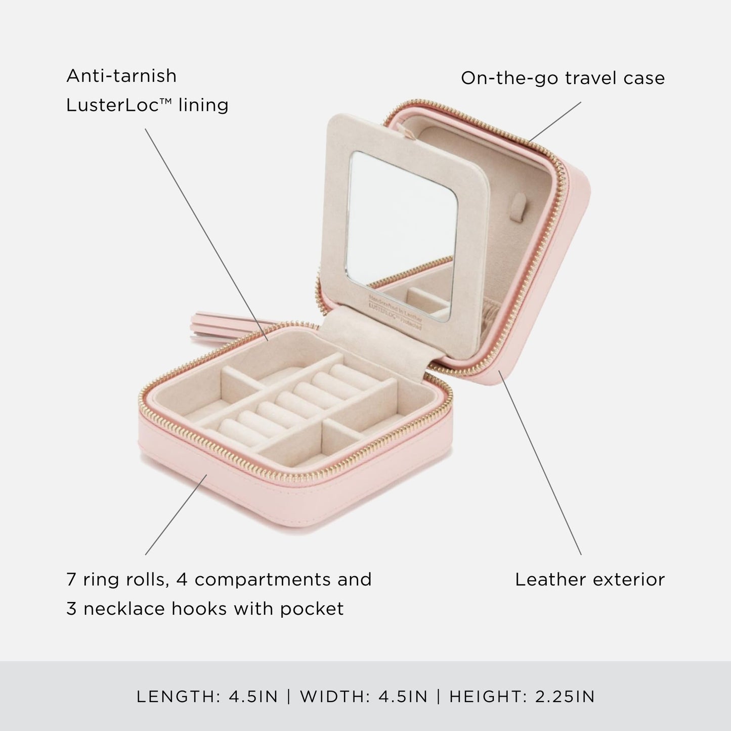 WOLF Caroline Zip Travel Case, Rose Quartz - Seven Ring Rolls, Four Compartments, Three Necklace Hooks & Pocket - Anti-Tarnish LusterLoc Lining