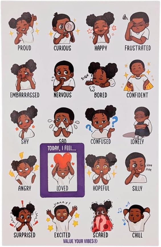 Daily Vibe Check Magnet - Black Feelings & Emotions Chart - 8.5” x 5.5” - Two-Piece Magnet Set (Child)