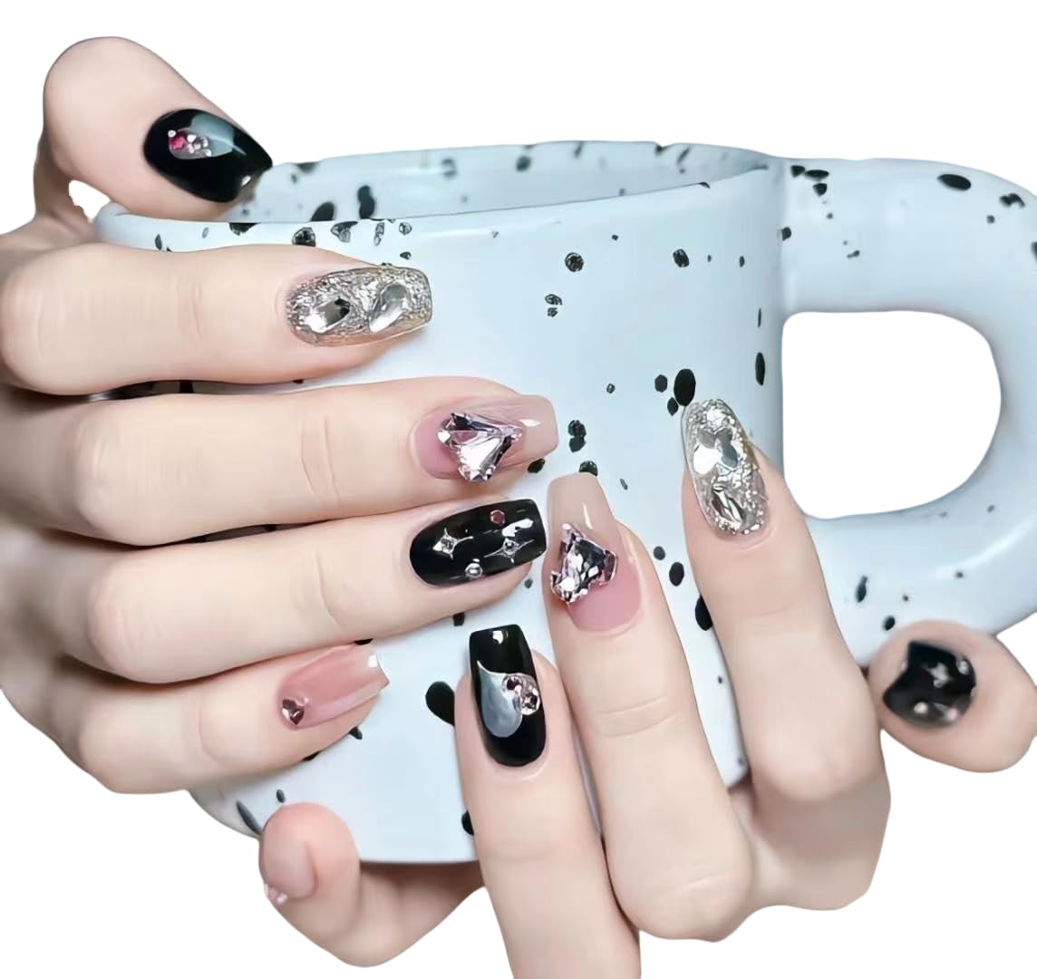 Handmade 10Pcs Dark Press on Nails Fake Nails with 3D Y2k Irregular Silver Design Pearl Jewelry False Nails Glitter Artificial Glue on Nails Gothic Stick on Nails for Women (MT-115, M)