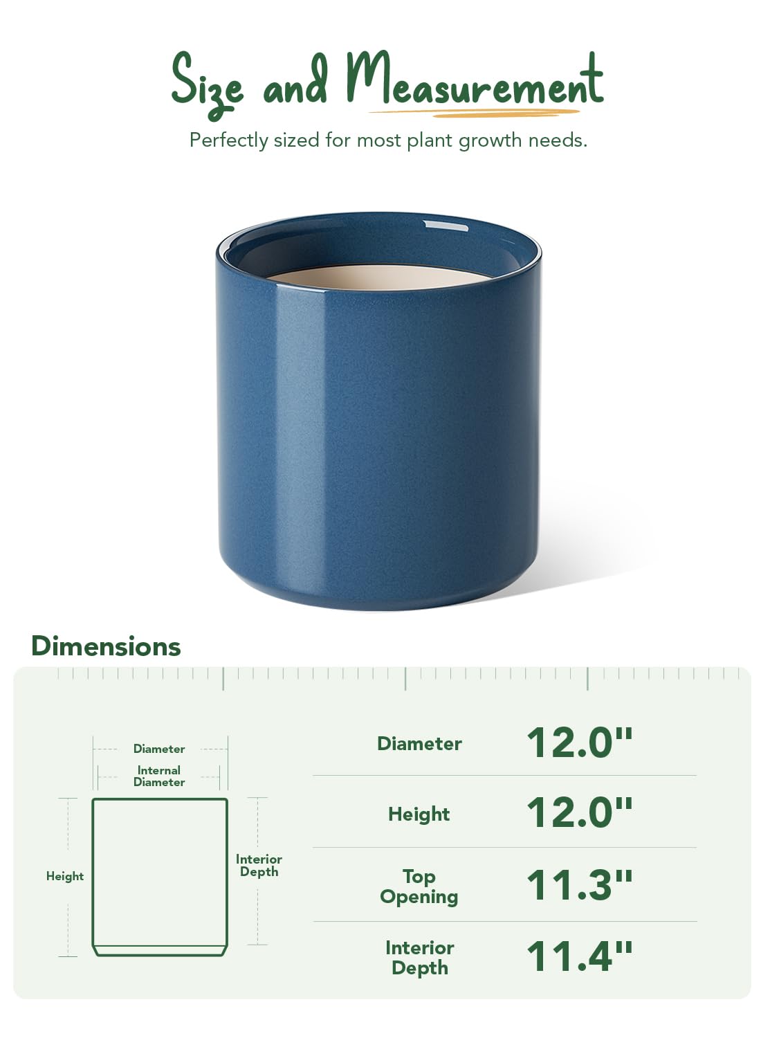 LE TAUCI 12 Inch Pot for Plants, Ceramic Planters for Indoor Plants, Mid-Century Modern Cylinder Flower Pots with Drainage Hole, Fits Fiddle Leaf Fig & Monstera, Home Decor, Harbor Blue
