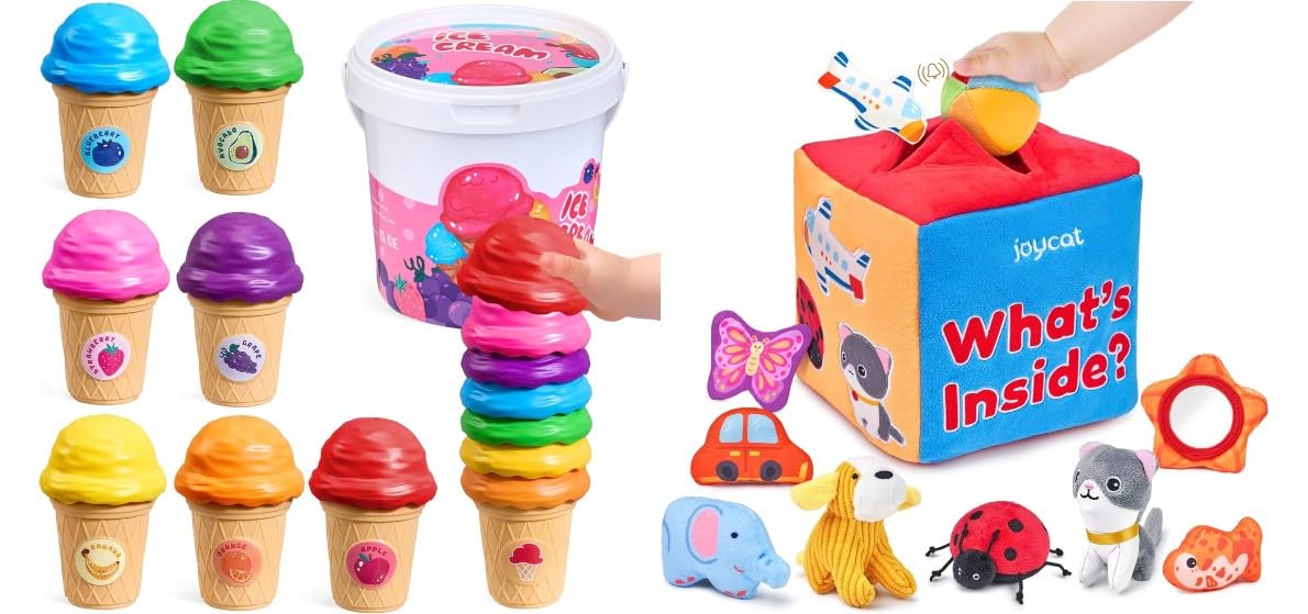 JoyCat Baby Toys 6-12 Months - Mystery Soft Box with 10 Sensory Objects, Rattle, Crinkle Paper, Mirror + Ice Cream Toys for Toddlers, Color Recognition Stacking Play Set with 7 Matching Cones & Scoops