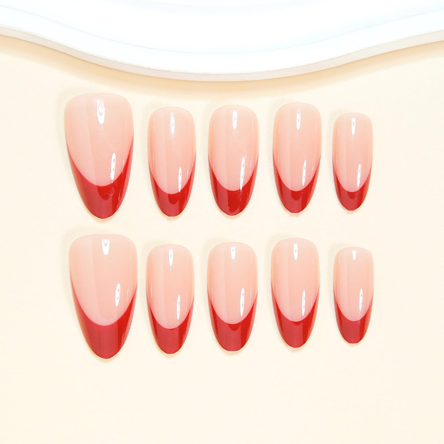 30Pcs Red Press on Nails with French Tip Designs, Medium Almond Fake Nails Glossy Nude False Nails Luxury French Nail Tips Solid Color Stick on Fingernails Cute Exquisite Fashion Simple for Women