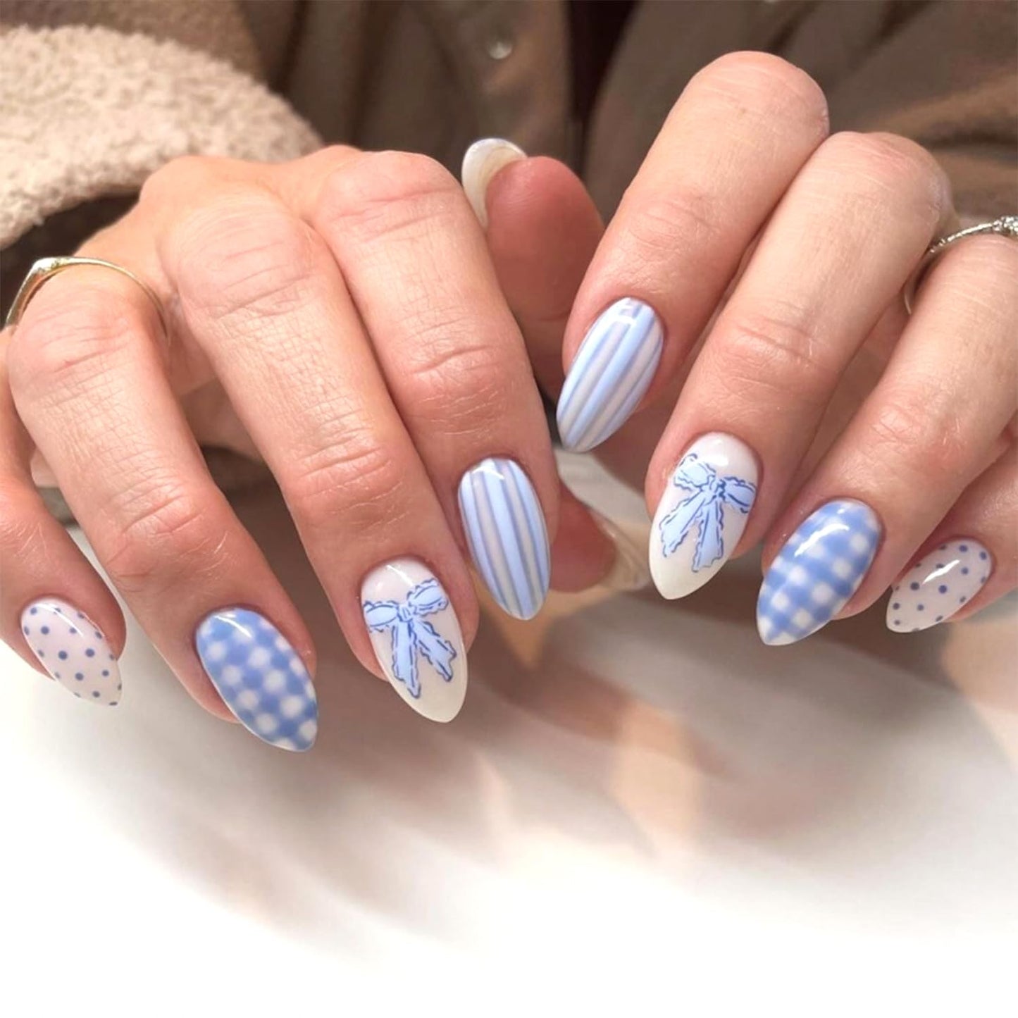 LWTZLW Polka Dots Press on Nails Short Almond False Nails with Bow Plaid Stripes Design Full Cover Glue on Nail Blue Summer Reusable Acrylic Fake Nails Glossy Artificial Stick on Nail for Women