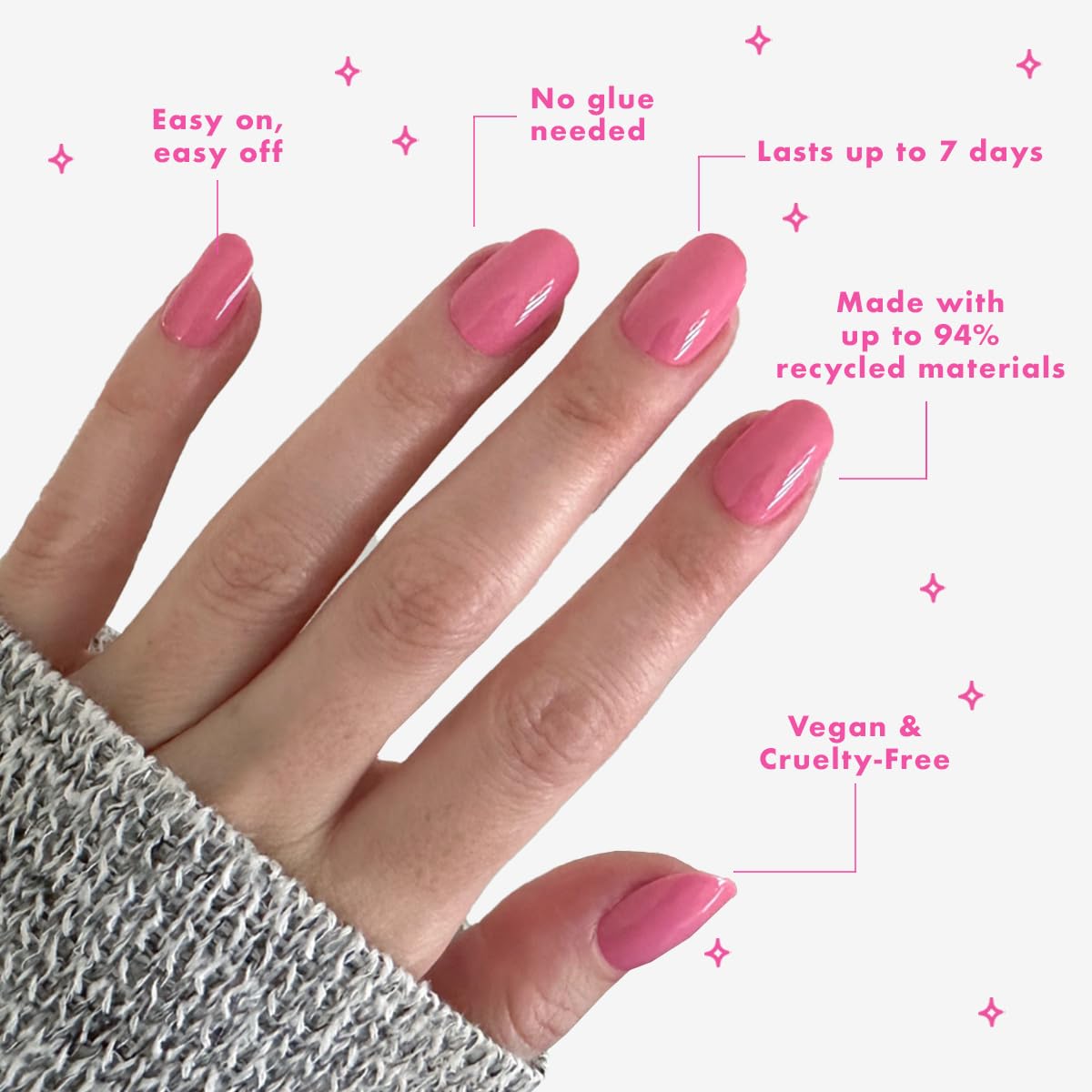 Olive & June Classic Super Stick Mani Press On Nails | No Glue Needed | 32 Tab Nails 16 Sizes | Non-Toxic Tabs Non-Damaging 7-Day Wear | Spring Flowers & Patterns | Short, Round | Taffy Bright Pink
