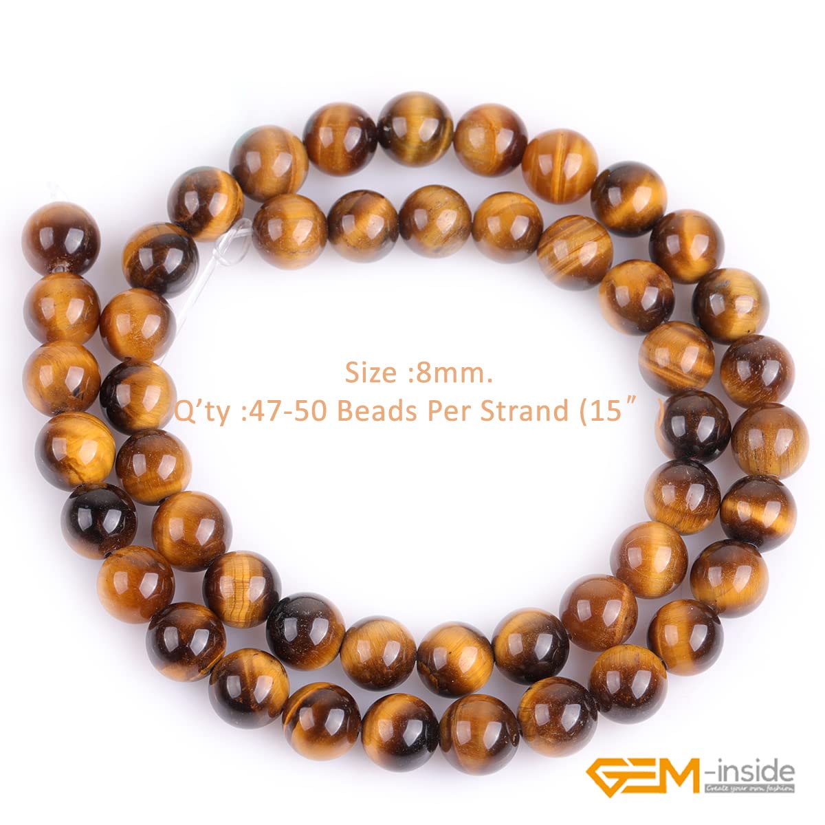 GEM-Inside Natural 8mm Tiger Eye Gemstone Loose Beads Round Crystal Energy Stone Power for Jewelry Making 15''