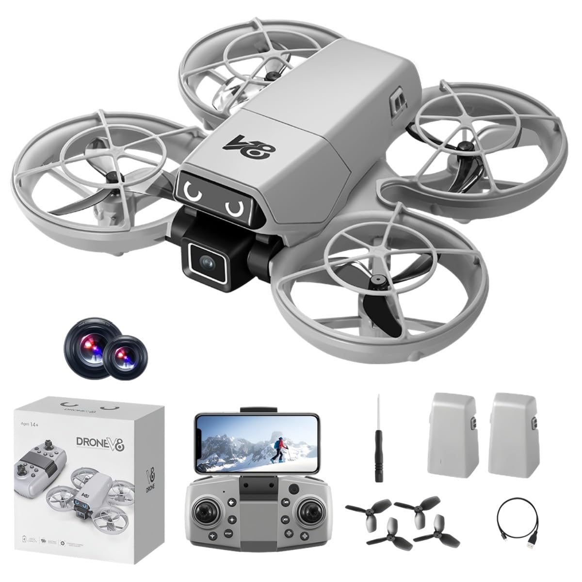 Mini Remote-Control Drone With Camera, A Quadcopter Featuring a Full-Guard Propeller Design to Reduce Collision Risks, With Cool LED “Eye” Lights and Flashing Tail Lights. Obstacle Avoidance, Optical Flow Positioning, 90° Adjustable Camera, Altitude Hold,