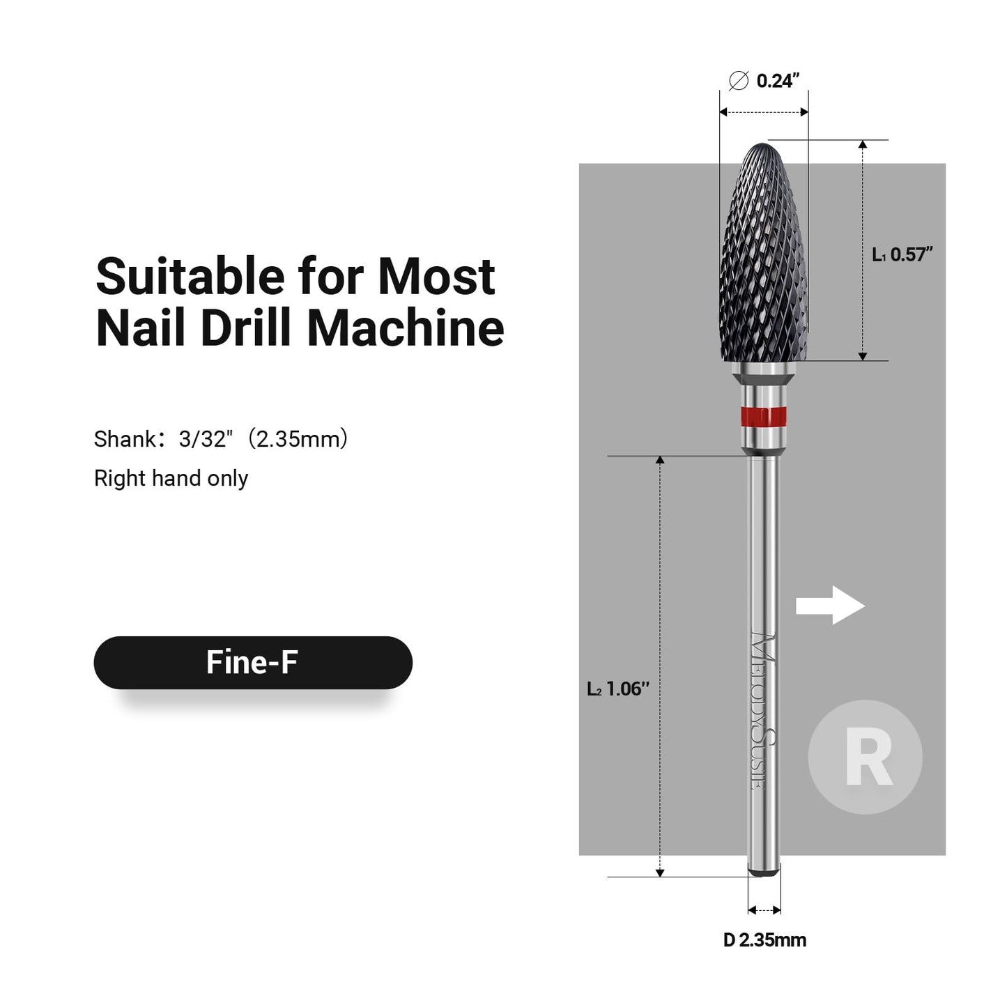 MelodySusie Ceramic Nail Drill Bit, 3/32'' (2.35mm) Professional Acrylic Nail File Flame Drill Bit for Manicure Pedicure Cuticle Gel Nail Polishing, Beginners Bits, Black, Series Bit-S, Fine