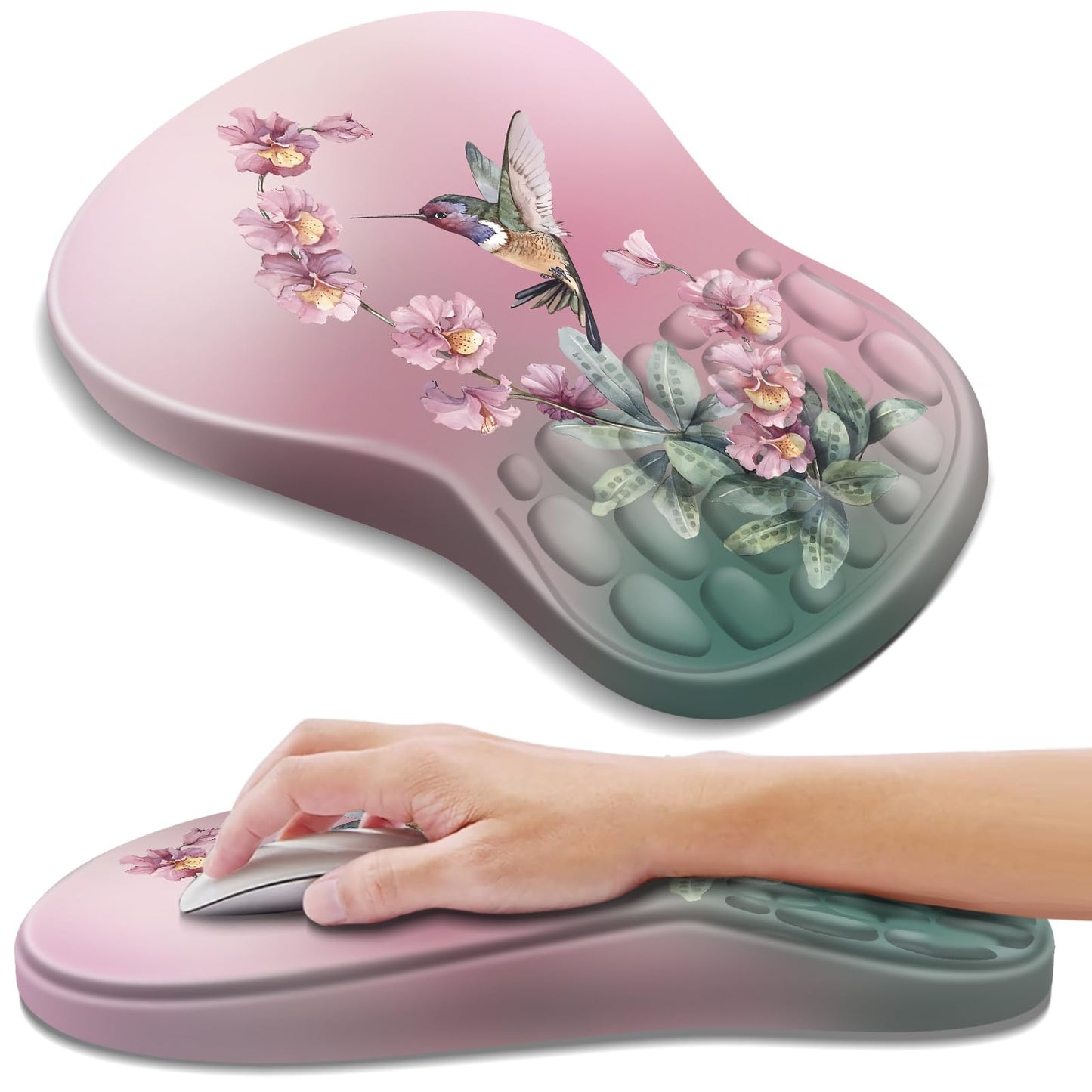 YIWEI Ergonomic Mouse Pad with Wrist Rest - Comfortable Office Mousepad with Memory Foam Wrist Support for Carpal Tunnel Relief, Mouse Pads with Non-Slip Base for Gaming and Home (Hummingbird)