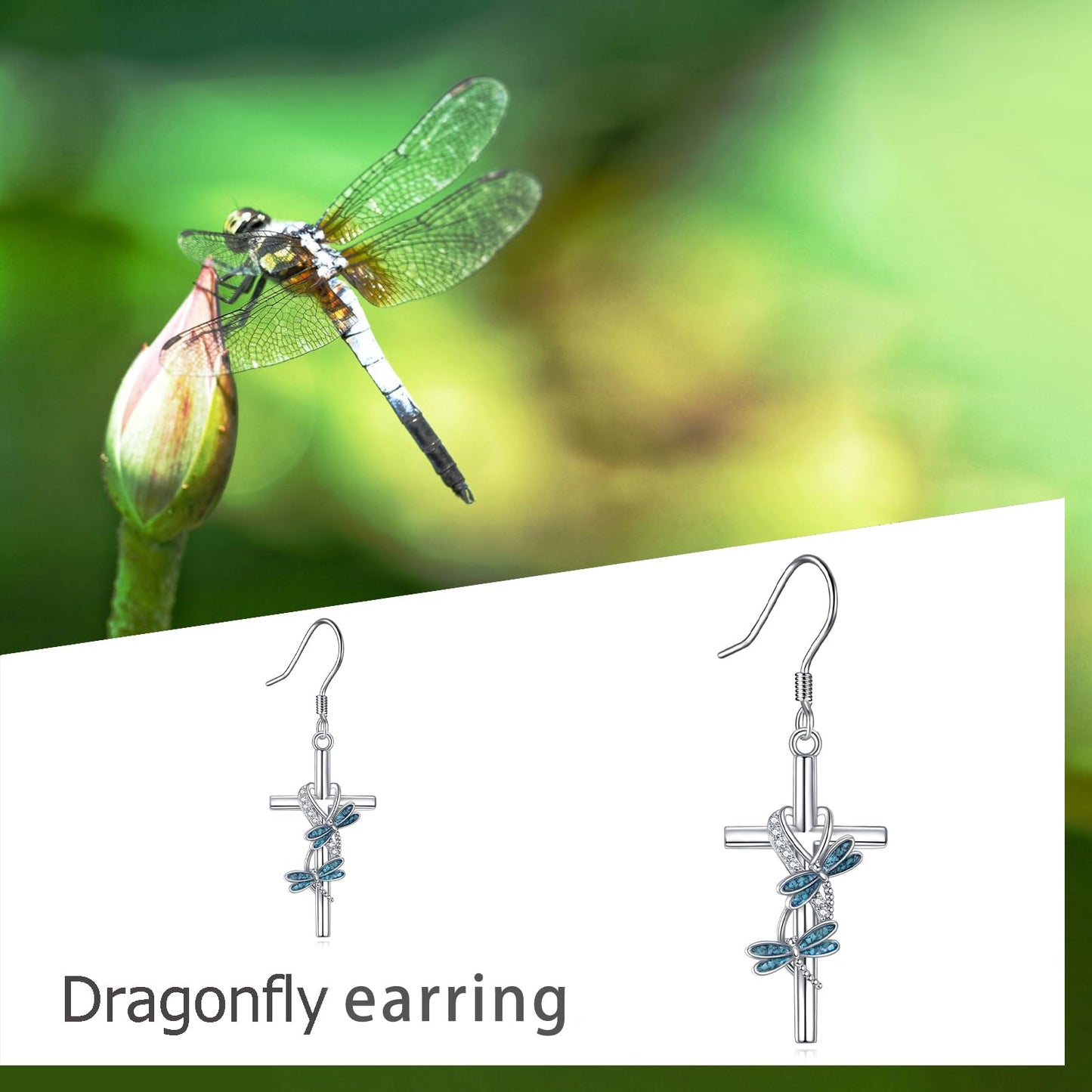 ONEFINITY Dragonfly Cross Earrings 925 Sterling Silver Dragonfly Dangle Earrings Animal Jewelry Gifts For Women