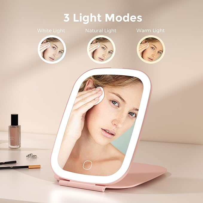 Travel Mirror with Light, Rechargeable Foldable Portable Mirror, 3 Color Lighting, 7.5 inch, Pink