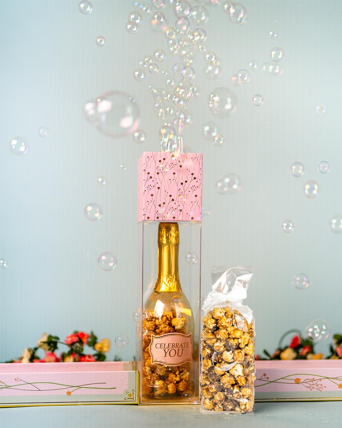 Birthday Floral Bubble Box with Chocolate Popcorn by Send A Cake, Ready to Gift, No Assembly Required - Unique Happy Birthday Gift for Women, Men, Sister, Mom, Dad, Best Friend