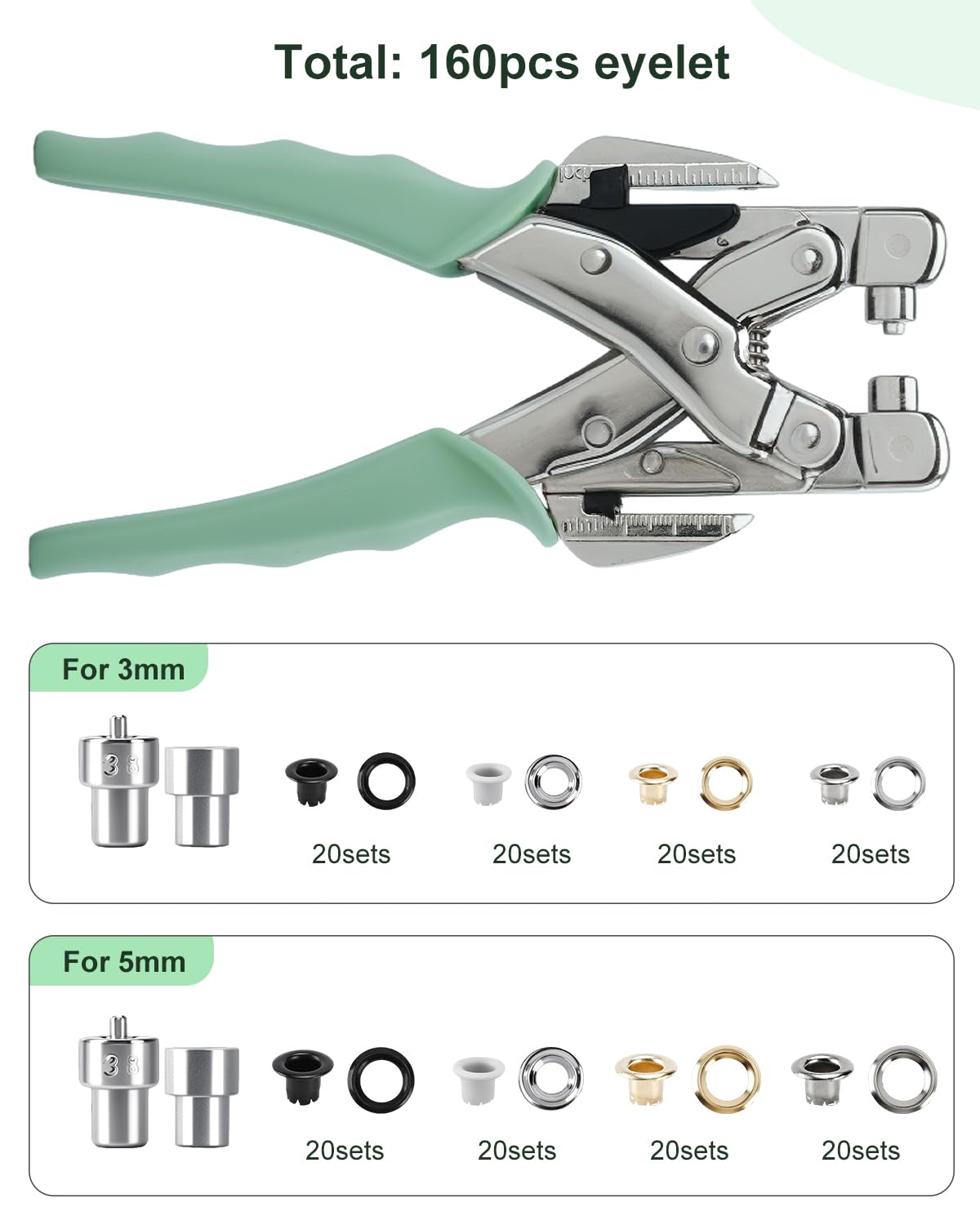 UCEC Professional 3/16 & 1/8 Inch Grommet Tool Kit, Grommet Eyelet Pliers Kit with 160Pcs Metal Grommets, Eyelet Hole Punch for Craft Paper Card Banners DIY Scrapbooking
