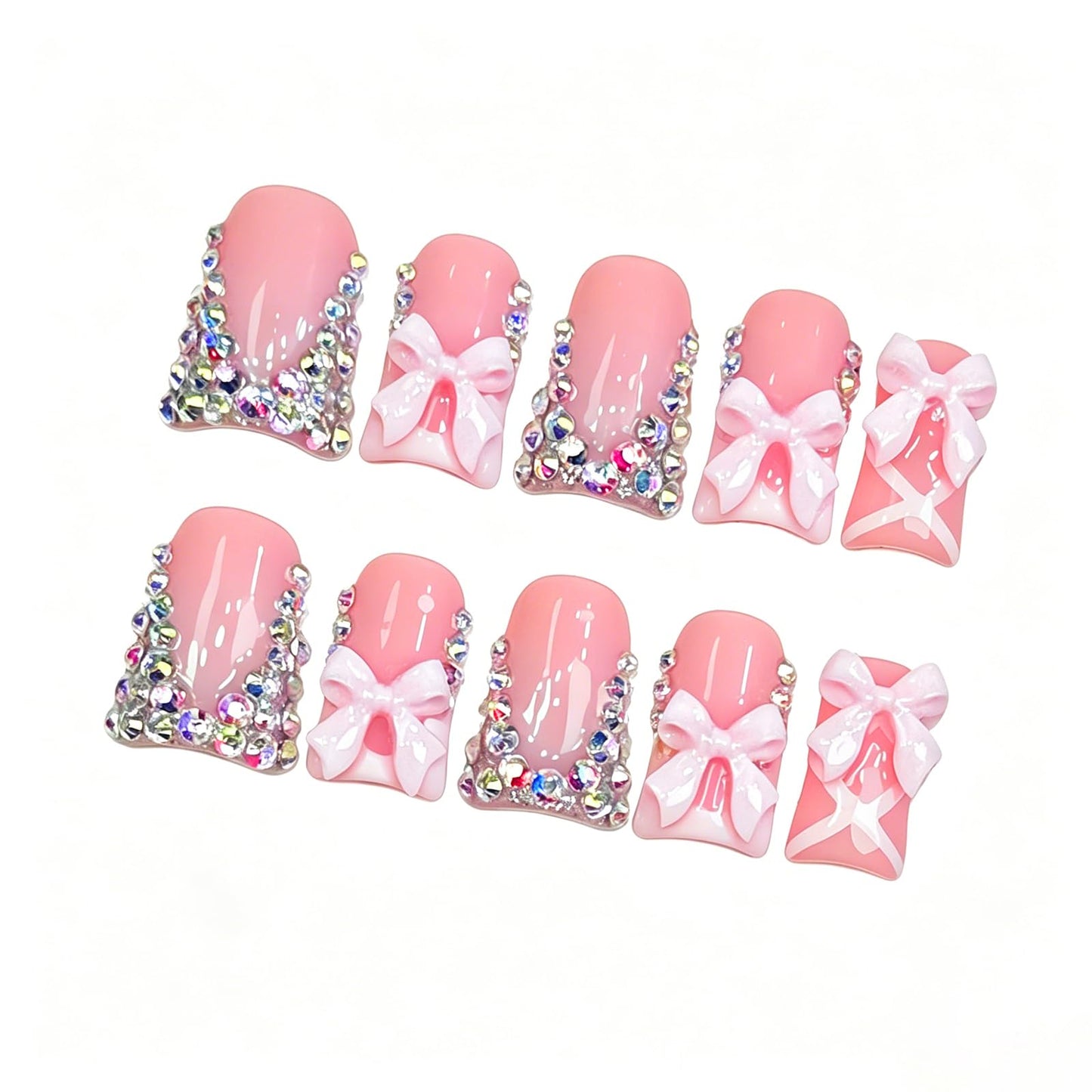 Exylixor Handmade Press on Nails Short Duck Shape - Romantic Balletcore Pink Fake Nails, 3D Bows & Rhinestone Flared False Nails, Coquette Style, 10 Pcs for Women (Size M)