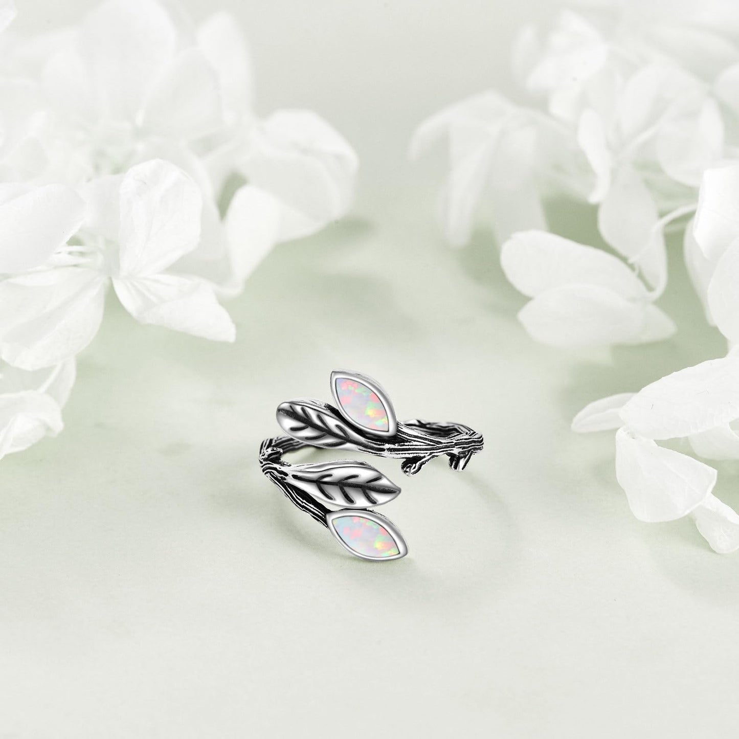 POPLYKE Leaf Opal Ring Sterling Silver Boho Adjustable Opal Spoon Ring Vintage Thumb Rings for Women