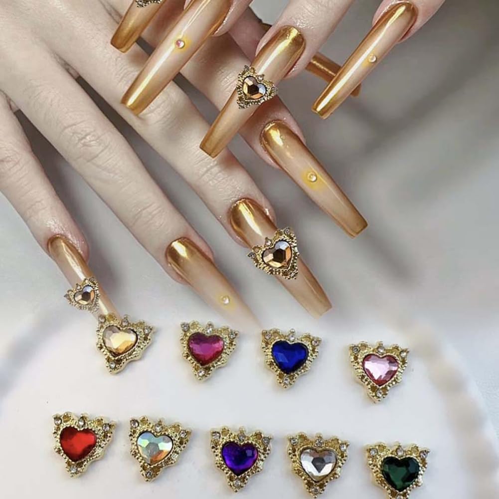 3D Heart Shape Nail Charms Luxury Shiny Alloy Rhinestone Golden Nail Crystal Diamonds Jewelry Studs Decoration 30PCS