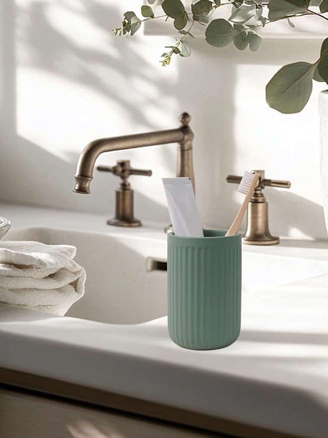 INGOFIN Ceramic Toothbrush Holder, 12 oz Toothpaste Holder Bathroom Cup, Tooth Brush Holder for Vanity Countertop, Organizer Storage for Cosmetic, Makeup, Office Pencils, Matte Green