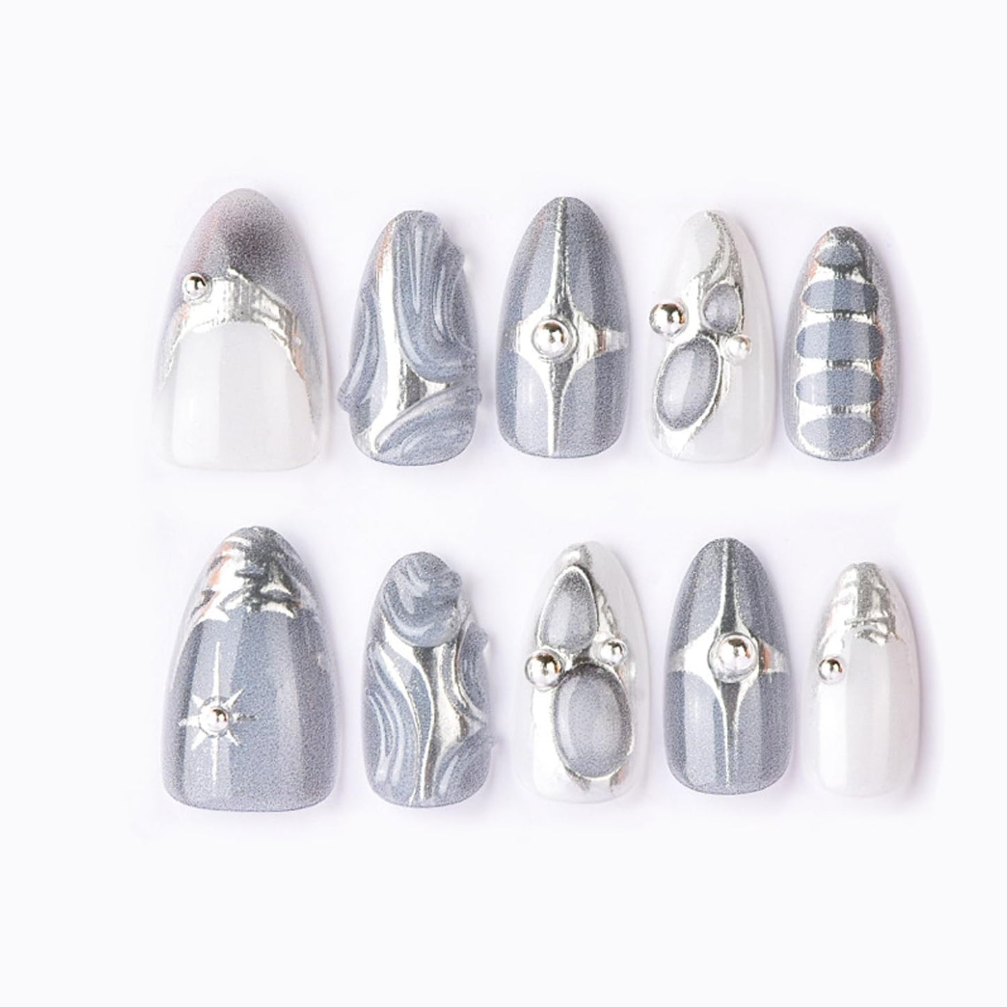 30Pcs Silver French Tip Press on Nails Medium Almond Fake Nails with 3D Beads & Silver Star Irregular Designs Dark Grey Acrylic Nail Tips Gothic Full Cover Glue on for Women DIY Manicure Decorations