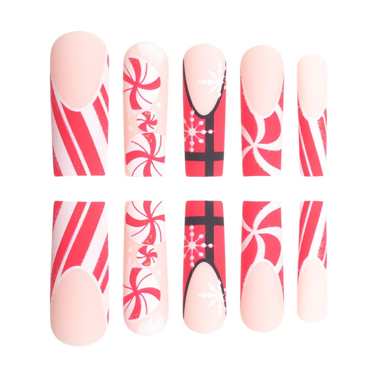 Christmas Press on Nails Long Square Fake Nails French False Nails with Designs Candy Cane Glitter Snowflake Glue on Nail Full Cover Acrylic Nails Winter Xmas Stick on Nail for Women 24Pcs