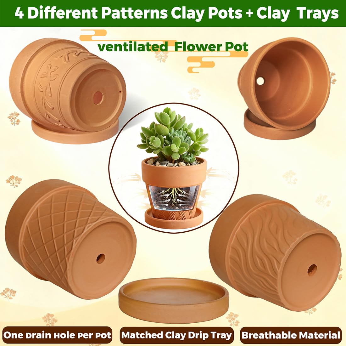 MUZHI 4Sets Round Terracotta Pot with Drainage Tray 6.5” 4.1”, Decorative Breathable Patterned Clay Plant Planter Pot Indoor Outdoor Plants Flowers Succulents Herbs cactus (4 Pack Cylindrical Pots)