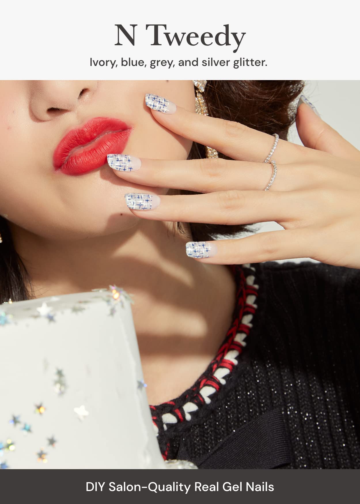 ohora Semi Cured Gel Nail Strips (N Tweedy) - Blue, Patterned, Works with Any UV/LED Lamps, Salon-Quality, Long Lasting, Easy to Apply & Remove - Includes 2 Prep Pads, Nail File & Wooden Stick